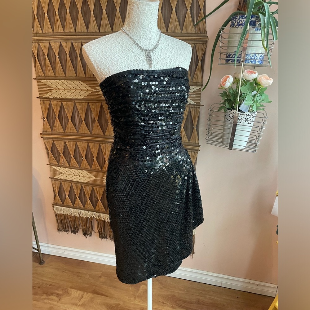 Vintage 80s Sequin Statement Strapless Mini Cocktail Dress Size XS